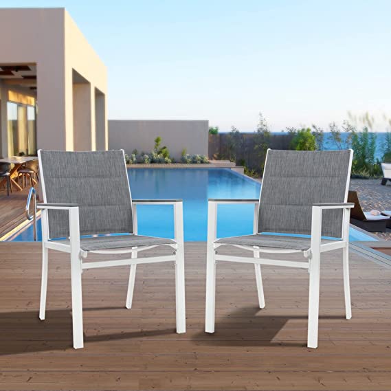 Kozyard Villa Outdoor Patio Alu. Anti-Rusty Dining Chair with White Frame, Gray Paded Textilence (4 Pack, White Chair)