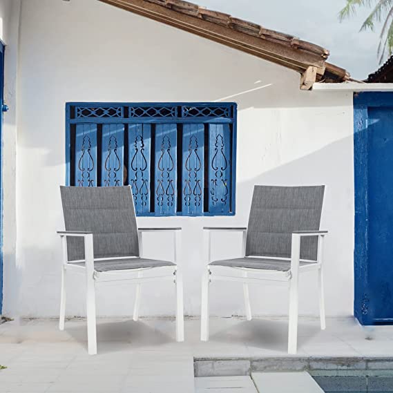 Kozyard Villa Outdoor Patio Alu. Anti-Rusty Dining Chair with White Frame, Gray Paded Textilence (4 Pack, White Chair)