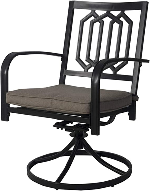 Elegant Swivel Outdoor Lounge Chair
alt text：A stylish outdoor lounge chair with a black metal frame, geometric - patterned backrest, grey cushion, and 360 - degree swivel base. Ideal for patio relaxation. Keywords: outdoor swivel chair, patio furniture, geometric design
