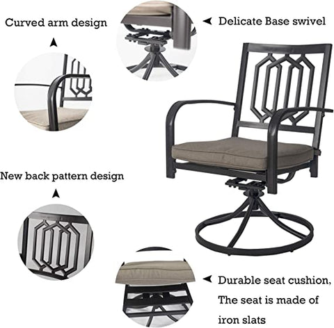 Features of a Stylish Swivel Patio Chair
alt text：A detailed view highlighting the features of an outdoor swivel chair, including curved arm design, new back pattern, delicate base swivel, and durable seat cushion. Keywords: patio chair features, swivel chair design, outdoor furniture details
