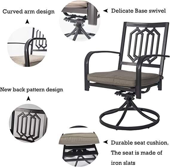 Features of a Stylish Swivel Patio Chair
alt text：A detailed view highlighting the features of an outdoor swivel chair, including curved arm design, new back pattern, delicate base swivel, and durable seat cushion. Keywords: patio chair features, swivel chair design, outdoor furniture details
