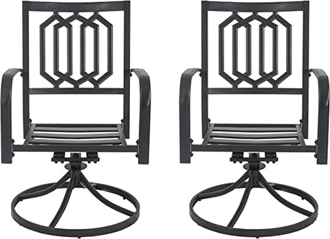 Pair of Contemporary Swivel Patio Chairs
alt text：Two modern swivel patio chairs with distinctive geometric backrests and sturdy bases, perfect for outdoor spaces. Keywords: swivel patio chairs, outdoor seating, geometric design
