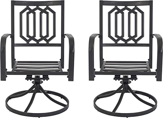Pair of Contemporary Swivel Patio Chairs
alt text：Two modern swivel patio chairs with distinctive geometric backrests and sturdy bases, perfect for outdoor spaces. Keywords: swivel patio chairs, outdoor seating, geometric design