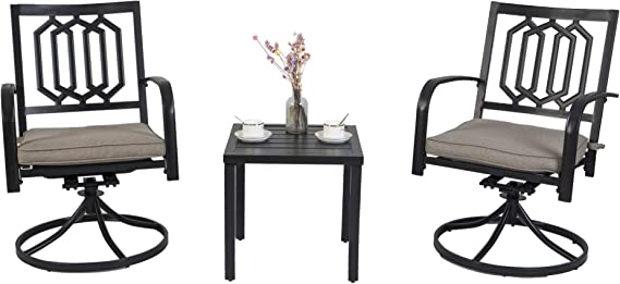 Cozy Outdoor Patio Set
alt text：A set of two stylish swivel patio chairs with cushions and a small square table, decorated with a vase of flowers and cups, perfect for outdoor relaxation. Keywords: outdoor patio set, swivel chairs, patio furniture
