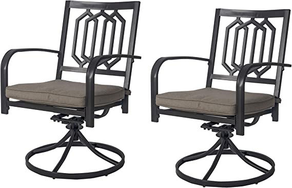 Sophisticated Swivel Patio Chair Set
alt text：A pair of elegant swivel patio chairs with geometric - designed backrests and cushioned seats, ideal for outdoor lounging. Keywords: swivel patio chairs, outdoor seating, geometric design
