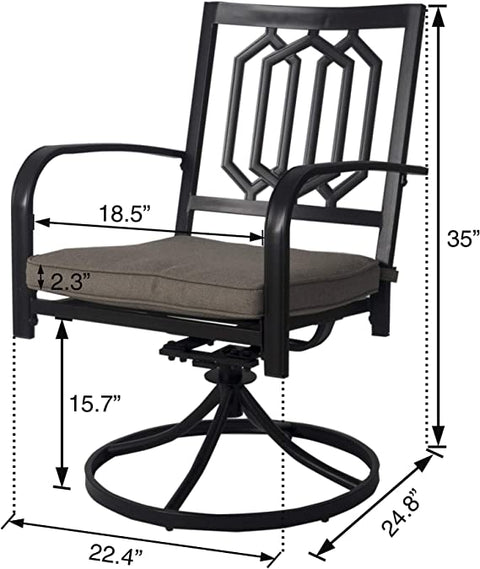 Measurements of a Swivel Patio Chair
alt text：A diagram showcasing the dimensions of a swivel patio chair, including seat width, cushion thickness, and overall height. Keywords: patio chair dimensions, swivel chair measurements