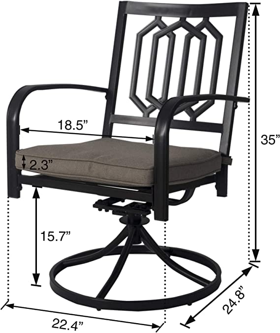 Measurements of a Swivel Patio Chair
alt text：A diagram showcasing the dimensions of a swivel patio chair, including seat width, cushion thickness, and overall height. Keywords: patio chair dimensions, swivel chair measurements