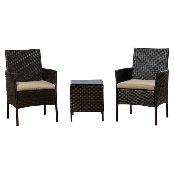 Elegant Wicker Outdoor Seating Set
alt text：A stylish outdoor seating set featuring two wicker chairs with beige cushions and a matching wicker side table, perfect for patio relaxation. Keywords: wicker outdoor seating, patio furniture, beige cushions