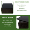 Wicker Side Table with Removable Glass Top
alt text：An informative graphic about a wicker side table, highlighting its removable glass top feature for easy movement and transportation, and a sucker design with four suction cups for stability. Keywords: wicker side table, removable glass top, sucker design