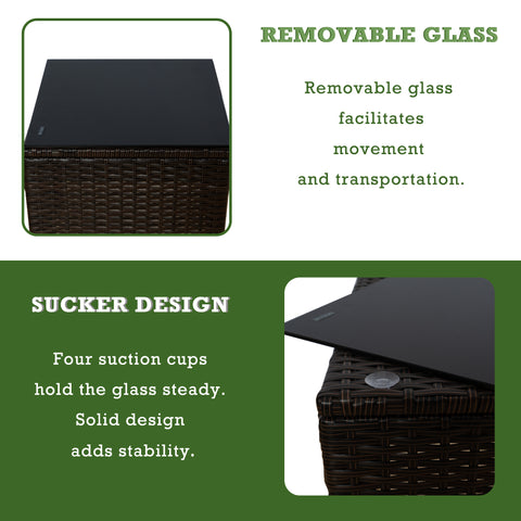 Wicker Side Table with Removable Glass Top
alt text：An informative graphic about a wicker side table, highlighting its removable glass top feature for easy movement and transportation, and a sucker design with four suction cups for stability. Keywords: wicker side table, removable glass top, sucker design