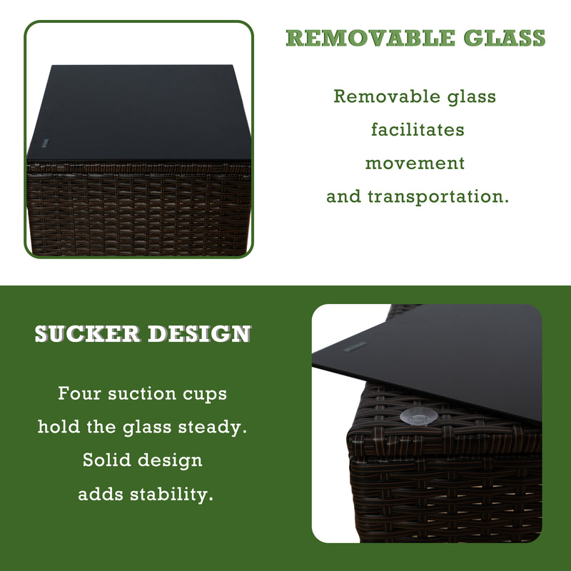 Wicker Side Table with Removable Glass Top
alt text：An informative graphic about a wicker side table, highlighting its removable glass top feature for easy movement and transportation, and a sucker design with four suction cups for stability. Keywords: wicker side table, removable glass top, sucker design