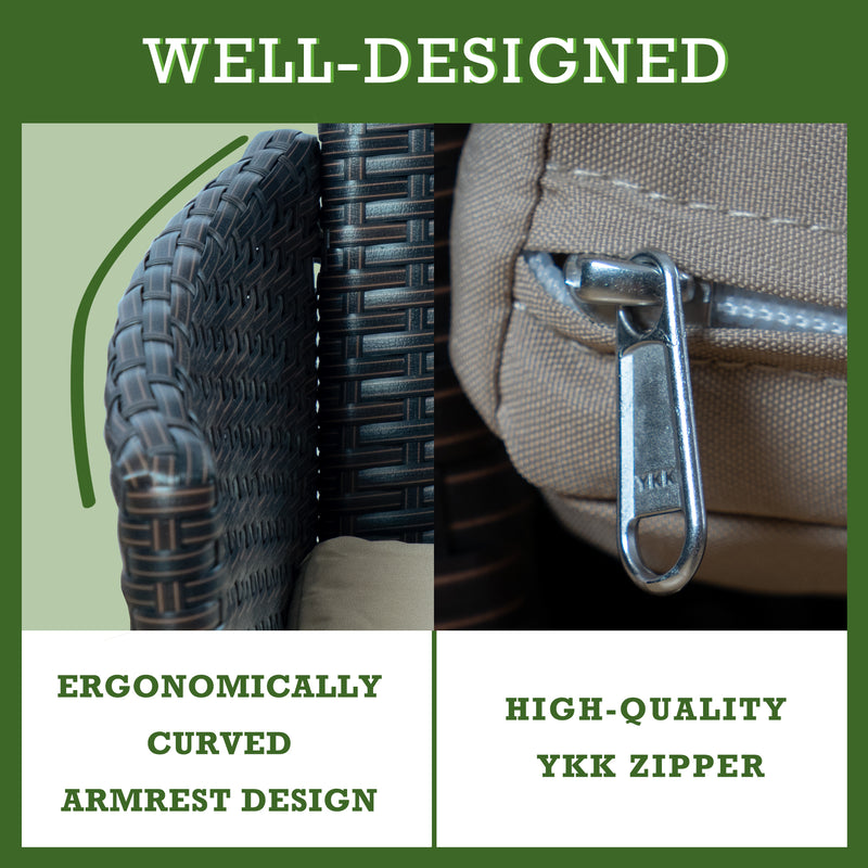 Well - designed Wicker Outdoor Chair Features
alt text：A graphic showcasing the well - designed features of a wicker outdoor chair, including an ergonomically curved armrest design and a high - quality YKK zipper. Keywords: wicker outdoor chair, ergonomic armrest, YKK zipper