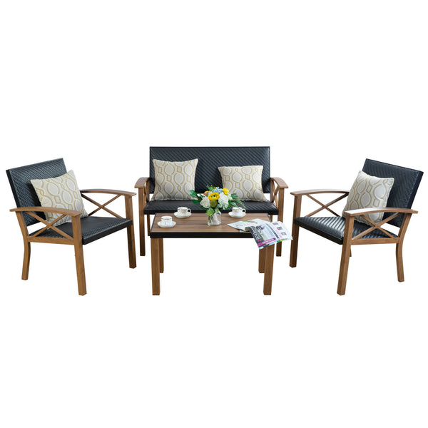 Elegant Outdoor Patio Furniture Set
alt text：A stylish outdoor patio furniture set including a loveseat and two chairs, all with cushioned seating and decorative pillows, accompanied by a wooden coffee table with a floral centerpiece. Keywords: outdoor patio furniture, cushioned seating, coffee table

