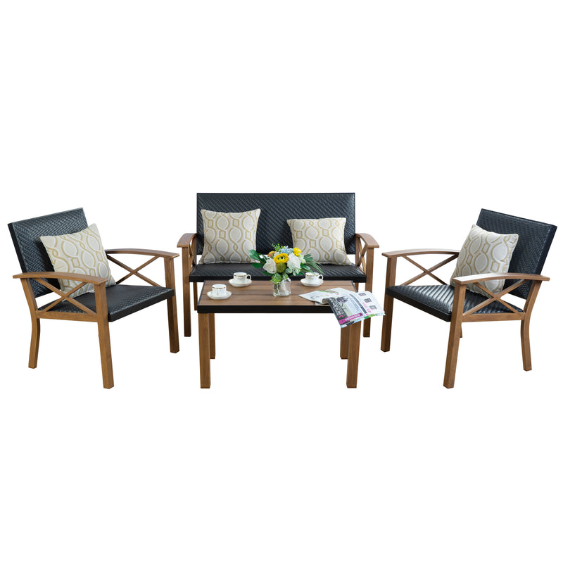 Elegant Outdoor Patio Furniture Set
alt text：A stylish outdoor patio furniture set including a loveseat and two chairs, all with cushioned seating and decorative pillows, accompanied by a wooden coffee table with a floral centerpiece. Keywords: outdoor patio furniture, cushioned seating, coffee table
