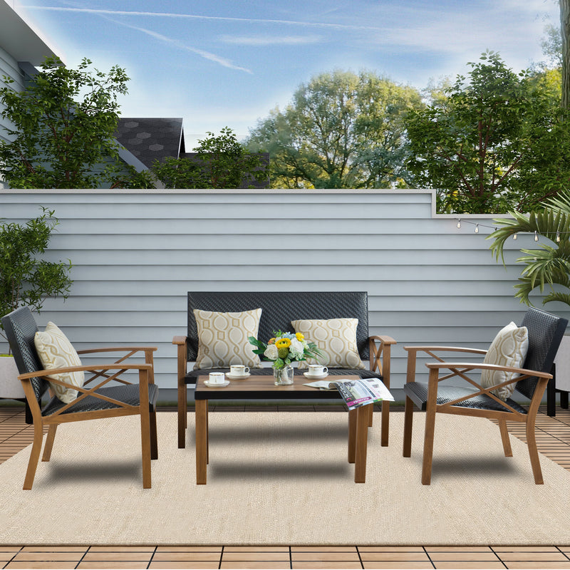 Charming Outdoor Patio Furniture Set in Garden Setting
alt text：A cozy outdoor patio furniture set with a loveseat and two chairs, adorned with patterned cushions, placed on a rug in a garden - like outdoor space. A wooden coffee table with a floral arrangement and cups adds to the inviting ambiance. Keywords: outdoor patio furniture, garden setting, cushioned seating
