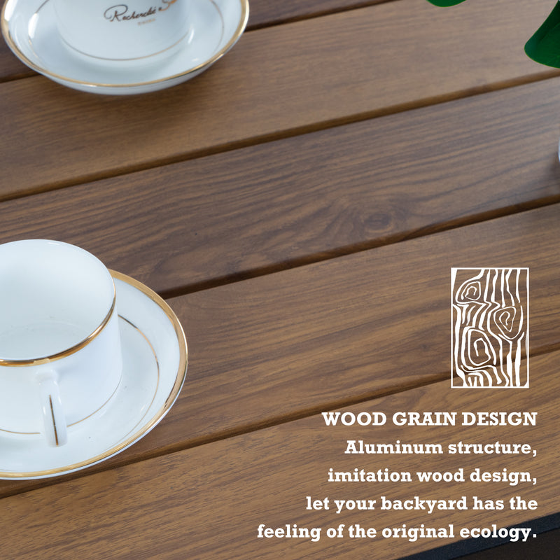 Wood Grain Design Aluminum Patio Table
alt text：A close - up of an aluminum patio table with a wood grain design, accompanied by a white cup and saucer with gold trim. The table offers an original ecological feel for backyard settings. Keywords: wood grain design, aluminum patio table, backyard decor
