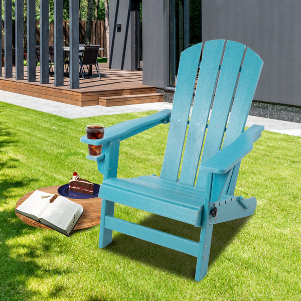 Teal Adirondack Chair for Outdoor Relaxation
alt text：A teal Adirondack chair with a cup holder, placed on a grassy area, accompanied by a book, a slice of cake, and a drink, ideal for outdoor leisure. Keywords: teal Adirondack chair, outdoor relaxation, cup holder
