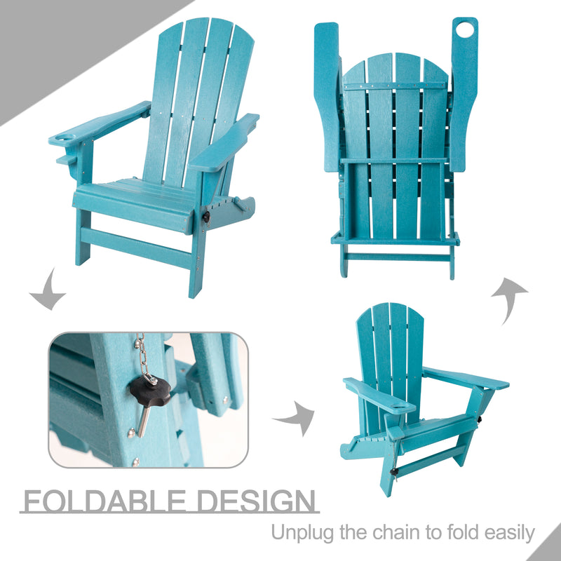Foldable Teal Adirondack Chair
alt text：An image showcasing the foldable design of a teal Adirondack chair, with instructions to unplug the chain for easy folding. Keywords: foldable Adirondack chair, teal color, easy storage
