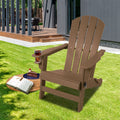 Brown Adirondack Chair for Outdoor Relaxation
alt text：A brown Adirondack chair with a cup holder, placed on a grassy area, accompanied by a book, a slice of cake, and a drink, perfect for outdoor leisure. Keywords: brown Adirondack chair, outdoor relaxation, cup holder