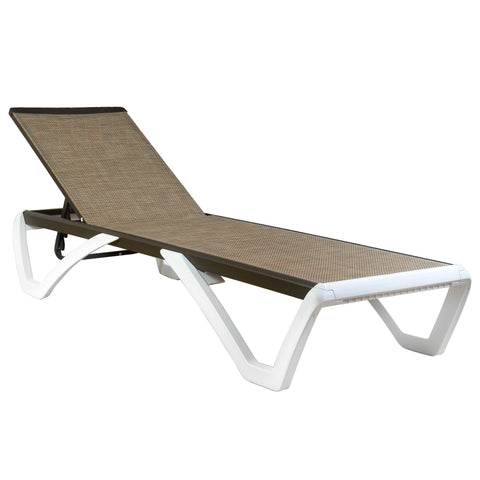 A modern outdoor lounge bed with a sleek design. It features a beige fabric surface, a light-gray metal frame and white plastic legs, with adjustable backrest for comfortable relaxation in outdoor settings like poolsides, beaches, or patios. Sleek Modern Outdoor Lounge Bed. outdoor lounge bed, modern design, adjustable backrest, beige fabric, metal frame.