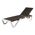A modern outdoor lounge bed with a sleek design. It features a brown fabric surface, a light-gray metal frame and white plastic legs, with adjustable backrest for comfortable relaxation in outdoor settings like poolsides, beaches, or patios. Sleek Modern Outdoor Lounge Bed. outdoor lounge bed, modern design, adjustable backrest, brown fabric, metal frame.