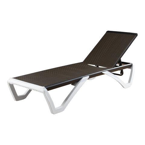 A modern outdoor lounge bed with a sleek design. It features a brown fabric surface, a light-gray metal frame and white plastic legs, with adjustable backrest for comfortable relaxation in outdoor settings like poolsides, beaches, or patios. Sleek Modern Outdoor Lounge Bed. outdoor lounge bed, modern design, adjustable backrest, brown fabric, metal frame.
