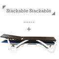 An image demonstrating the stackable feature of outdoor lounge beds. The top lounge bed has a dark brown woven surface, and it is placed on top of another lounge bed, which has a blue surface. The text "Stackable Stackable" emphasizes the key feature, and a plus sign is shown between the beds to indicate the stacking concept. Stackable Outdoor Lounge Beds for Space - Saving. outdoor lounge beds, stackable, space - saving, woven surface.