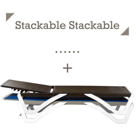 An image demonstrating the stackable feature of outdoor lounge beds. The top lounge bed has a dark brown woven surface, and it is placed on top of another lounge bed, which has a blue surface. The text "Stackable Stackable" emphasizes the key feature, and a plus sign is shown between the beds to indicate the stacking concept. Stackable Outdoor Lounge Beds for Space - Saving. outdoor lounge beds, stackable, space - saving, woven surface.