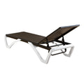 A modern outdoor lounge bed with a dark brown wicker - like surface and a sleek white frame. The backrest of the lounge bed is adjustable, allowing for different reclining positions. Adjustable Outdoor Lounge Bed with Sleek Design. outdoor lounge bed, adjustable backrest, dark brown wicker, white frame