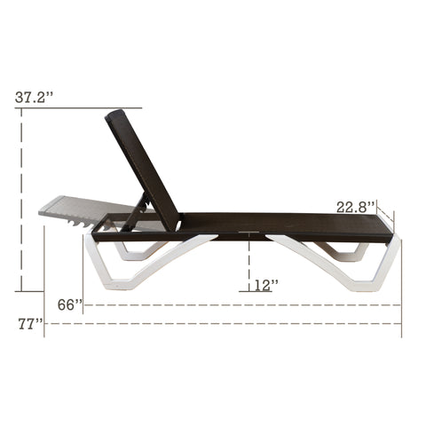 A technical diagram of a modern outdoor lounge bed with key dimensions labeled. The lounge bed features a brown fabric surface and a light - gray frame. Dimensions such as 22.8", 12", 66", 77", and 37.2" are marked, indicating various parts of the structure.Outdoor Lounge Bed: Dimension Diagram. outdoor lounge bed, lounge bed dimensions, adjustable backrest, modern design.