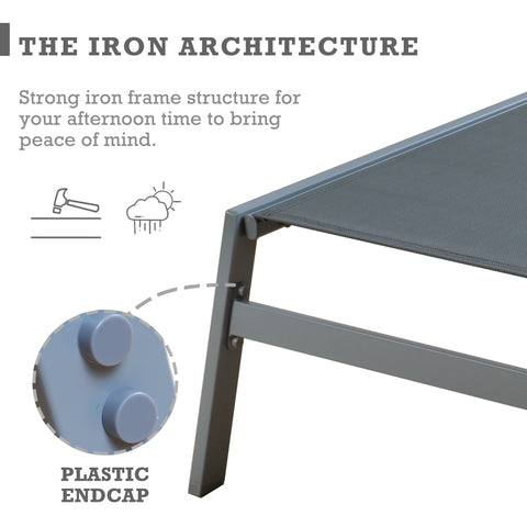 Title: Durable Iron Frame Lounge Chair with Plastic Endcaps
Alt Text: Grey lounge chair with a strong iron frame and plastic endcaps, featuring text "THE IRON ARCHITECTURE" and weather resistance icons.
Keywords: iron frame lounge chair, durable outdoor furniture, plastic endcaps, weather resistant, patio seating, modern design, poolside durability