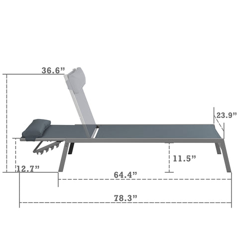 Title: Grey Lounge Chair Dimensions for Outdoor Use
Alt Text: Grey lounge chair with cushioned headrest, showing dimensions: 78.3" long, 64.4" wide, 36.6" high, 12.7" leg height, 23.9" seat height, and 11.5" armrest height.
Keywords: grey lounge chair, outdoor furniture dimensions, cushioned headrest, patio seating, modern design, poolside chair, size guide