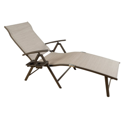 A foldable lounge chair with a sleek, modern design. The chair features a beige fabric surface and dark - colored metal frames. It also includes a built - in cup holder on the side, providing convenience for outdoor relaxation.Foldable Outdoor Lounge Chair with Cup Holder. foldable lounge chair, outdoor lounge chair,beige fabric, dark - metal frame, cup holder.