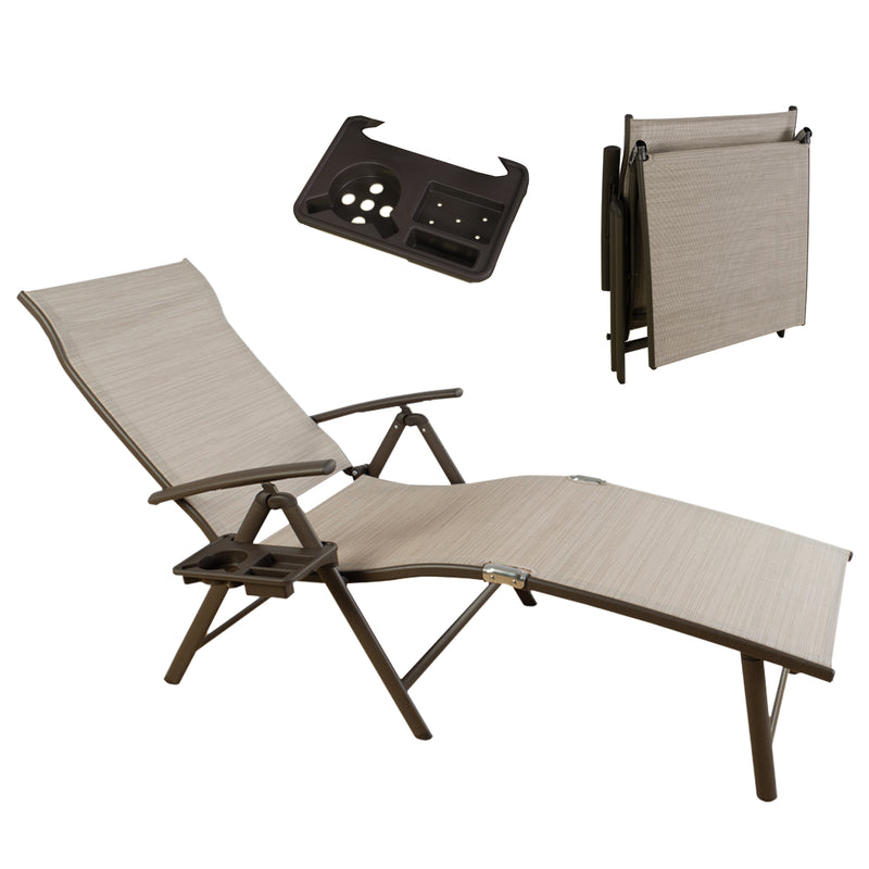 A beige foldable lounge chair with a modern design. The chair comes with a detachable cup - holder tray that can be attached to the armrest. The image also shows the chair in a folded - up position, highlighting its portability and easy storage feature.Beige Foldable Lounge Chair with Detachable Cup - Holder. beige foldable lounge chair, detachable cup - holder, easy storage, portable lounge chair.