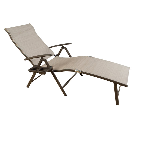 A foldable lounge chair with a sleek, modern design. The chair features a beige fabric surface and dark - colored metal frames. It also includes a built - in cup holder on the side, providing convenience for outdoor relaxation.Foldable Outdoor Lounge Chair with Cup Holder. foldable lounge chair, outdoor lounge chair,beige fabric, dark - metal frame, cup holder.