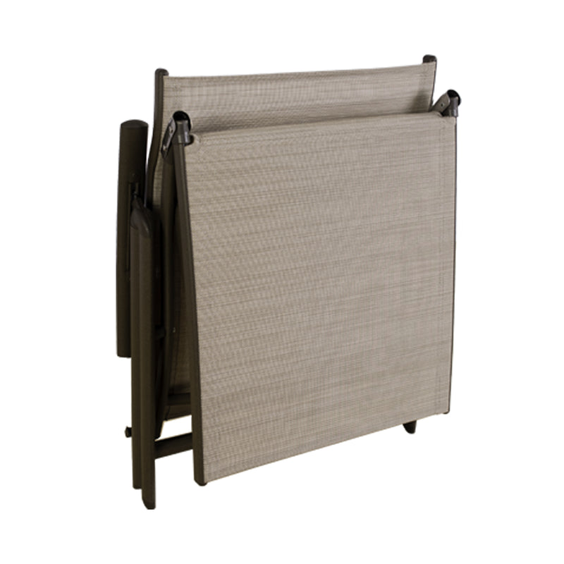 A beige foldable lounge bed in a folded - up position, ready for storage or transport. The chair features a sturdy frame and a woven fabric surface, ideal for outdoor relaxation when unfolded. Beige Foldable Lounge Bed for Easy Storage. beige foldable lounge bed, easy storage, outdoor lounge chair, foldable design.