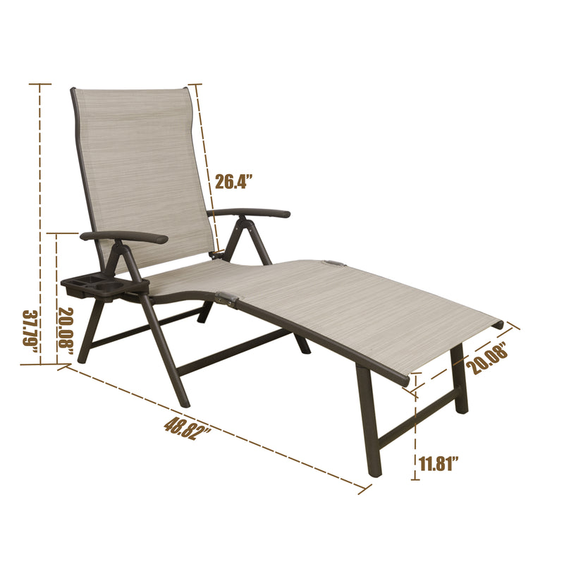 A beige foldable lounge chair with dimensions clearly marked. It has a height of 37.79 inches at the backrest, a length of 48.82 inches from the front edge of the seat to the end of the footrest, and various other measurements noted. The chair also features a detachable cup - holder tray on the side, suitable for outdoor relaxation.Beige Foldable Lounge Chair with Dimensions. beige foldable lounge chair, outdoor lounge chair, chair dimensions, detachable cup - holder.