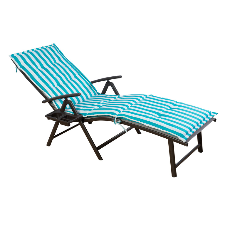 A foldable lounge chair with vibrant blue - and - white striped cushions. The chair includes a convenient side cup - holder tray, and is designed for both comfort and portability.Foldable Lounge Chair with Blue - and - White Striped Cushions. foldable lounge chair, blue - and - white striped cushions, side cup - holder, portable lounge chair.