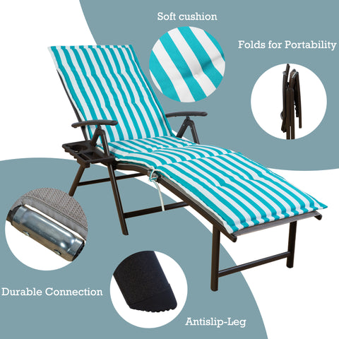 A foldable lounge bed with eye - catching blue and white striped cushions, offering comfort with its soft padding. The chair features a durable metal connection, anti - slip legs for stability, and can be easily folded for portability. Foldable Lounge Bed with Blue and White Striped Cushions. foldable lounge bed, blue and white striped cushions, soft cushion, durable connection, anti - slip legs, portable