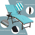 A foldable lounge bed with eye - catching blue and white striped cushions, offering comfort with its soft padding. The chair features a durable metal connection, anti - slip legs for stability, and can be easily folded for portability. Foldable Lounge Bed with Blue and White Striped Cushions. foldable lounge bed, blue and white striped cushions, soft cushion, durable connection, anti - slip legs, portable