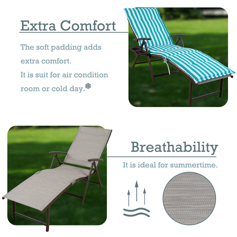 A foldable lounge chair with blue - and - white striped cushions offers extra comfort with its soft padding, suitable for use in air - conditioned rooms or on cold days. The chair without cushions shows its breathable fabric, ideal for summertime. It also features a side cup - holder for convenience. Foldable Lounge Chair: Comfort in All Seasons. foldable lounge chair, blue - and - white striped cushions, extra comfort, breathable fabric, side cup - holder.