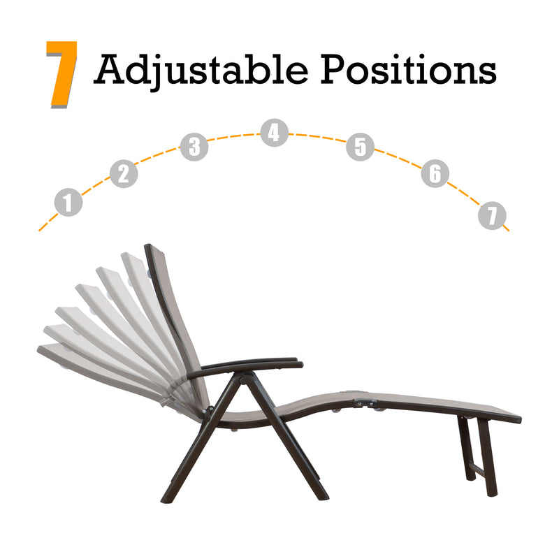 A beige foldable lounge chair that offers 7 adjustable positions for customized comfort. The chair allows users to easily change its angle, making it suitable for various activities like relaxing, reading, or sun - bathing.Beige Foldable Lounge Chair with 7 Adjustable Positions. beige foldable lounge chair, 7 adjustable positions, customizable comfort, outdoor relaxation.