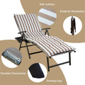 A foldable lounge bed with eye-catching beige and white striped cushions, offering comfort with its soft padding. The chair features a durable metal connection, anti-slip legs for stability, and can be easily folded for portability. foldable lounge bed, beige and white striped cushions, soft cushion, durable connection, anti-slip legs, portable.

