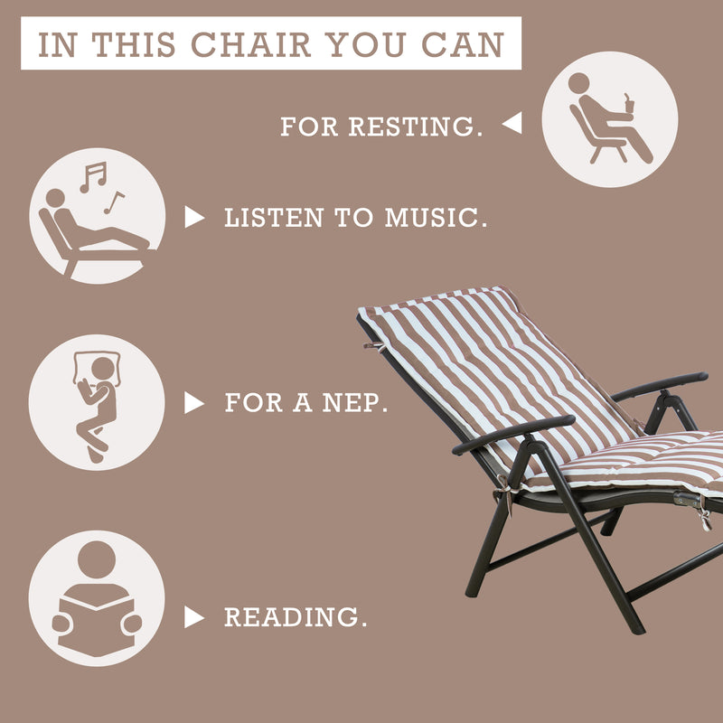 A foldable lounge chair with beige and white striped cushions. It is perfect for multiple relaxing activities such as resting, listening to music, taking a nap, and reading. The chair provides a comfortable spot for leisure in various settings.Beige and White Striped Foldable Lounge Chair for Relaxation.foldable lounge chair, beige and white striped cushions, relaxation, resting, listening to music, napping, reading
