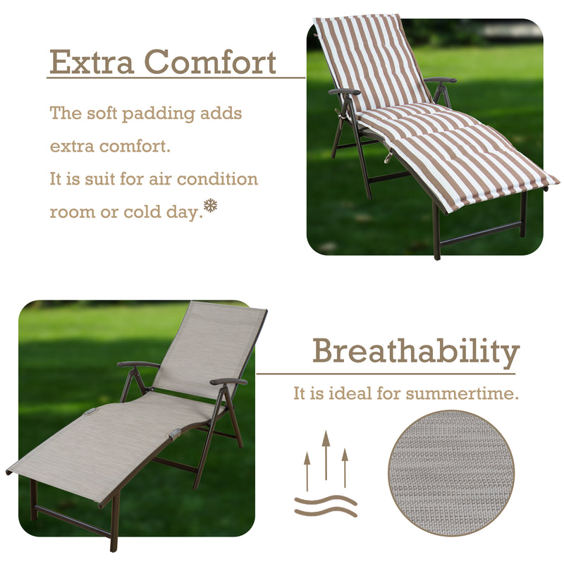 A foldable lounge chair with beige-and-white striped cushions offers extra comfort with its soft padding, suitable for use in air-conditioned rooms or on cold days. The chair without cushions shows its breathable fabric, ideal for summertime. It also features a side cup-holder for convenience. foldable lounge chair, beige-and-white striped cushions, extra comfort, breathable fabric, side cup-holder.