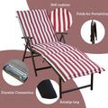 A foldable lounge bed with eye-catching red and white striped cushions, offering comfort with its soft padding. The chair features a durable metal connection, anti-slip legs for stability, and can be easily folded for portability. foldable lounge bed, red and white striped cushions, soft cushion, durable connection, anti-slip legs, portable.