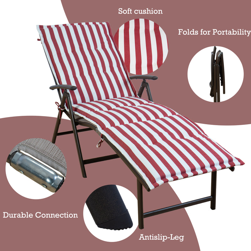 A foldable lounge bed with eye-catching red and white striped cushions, offering comfort with its soft padding. The chair features a durable metal connection, anti-slip legs for stability, and can be easily folded for portability. foldable lounge bed, red and white striped cushions, soft cushion, durable connection, anti-slip legs, portable.