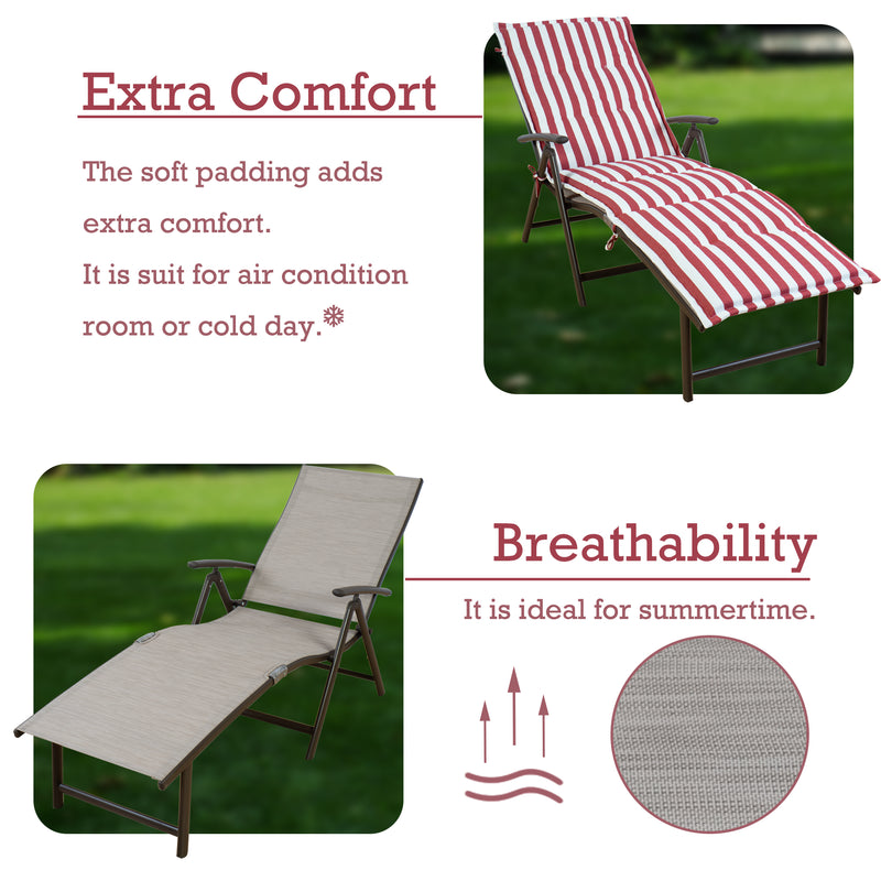 A foldable lounge chair with red-and-white striped cushions offers extra comfort with its soft padding, suitable for use in air-conditioned rooms or on cold days. The chair without cushions shows its breathable fabric, ideal for summertime. It also features a side cup-holder for convenience. foldable lounge chair, red-and-white striped cushions, extra comfort, breathable fabric, side cup-holder.