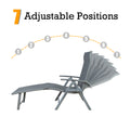 A gray foldable lounge chair that offers 7 adjustable positions for customized comfort. The chair allows users to easily change its angle, making it suitable for various activities like relaxing, reading, or sun-bathing. gray foldable lounge chair, 7 adjustable positions, customizable comfort, outdoor relaxation.