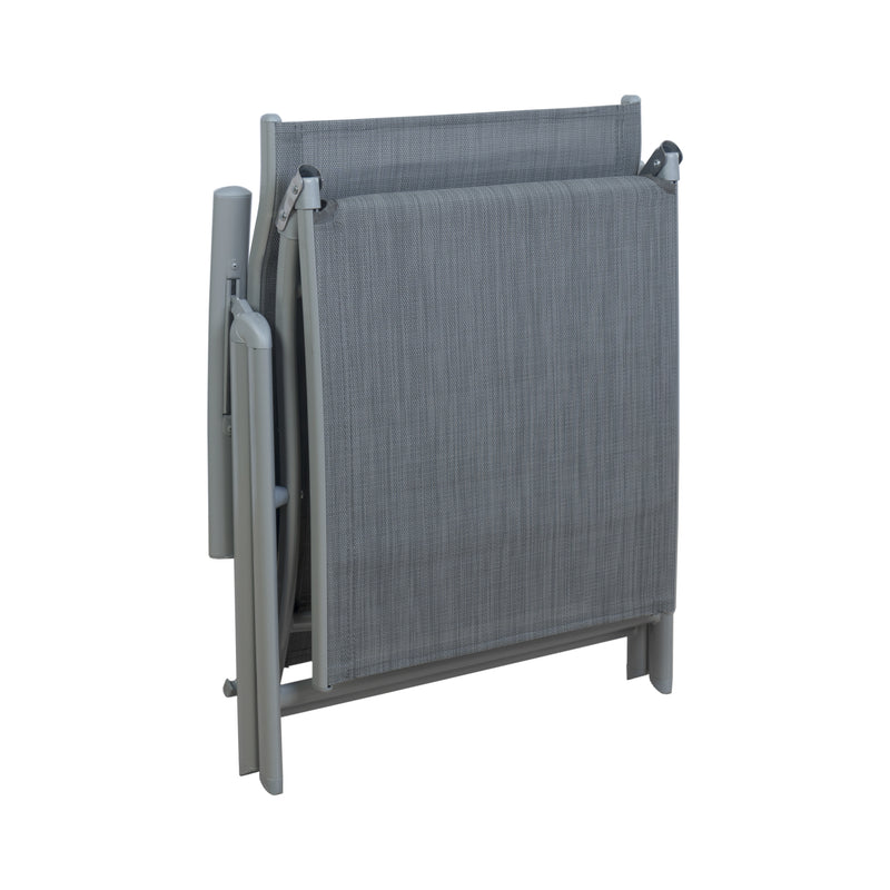 A gray foldable lounge bed in a folded-up position, ready for storage or transport. The chair features a sturdy frame and a woven fabric surface, ideal for outdoor relaxation when unfolded. gray foldable lounge bed, easy storage, outdoor lounge chair, foldable design.

